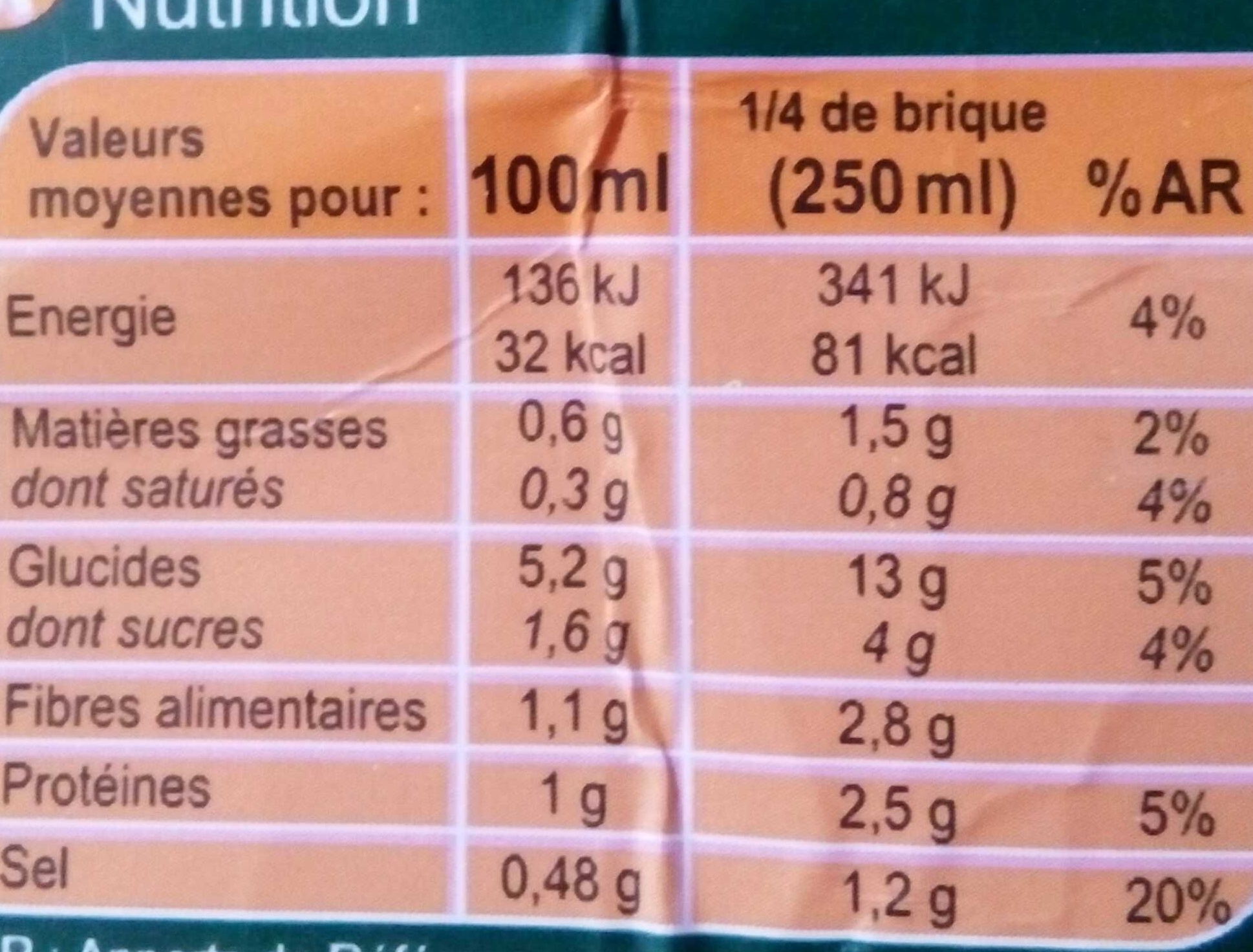 Velouté à la Carotte et au Potiron - حقائق غذائية - fr