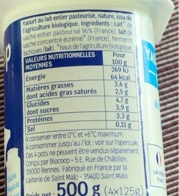 Yaourt nature au lait entier nature - Tableau nutritionnel