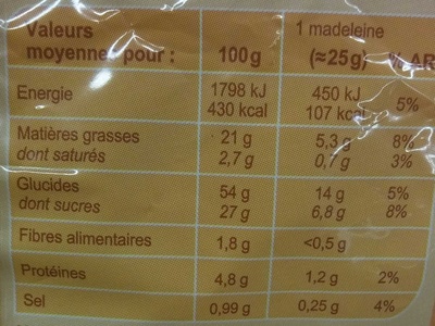 Madeleines Marbrées au chocolat - حقائق غذائية - fr