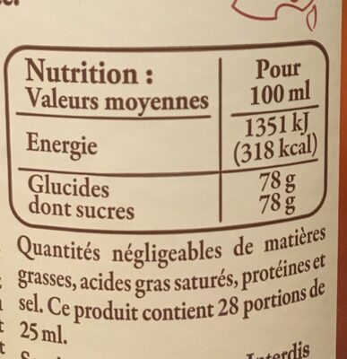 Sirop de pêche & abricot de Provence - Nutrition facts - fr