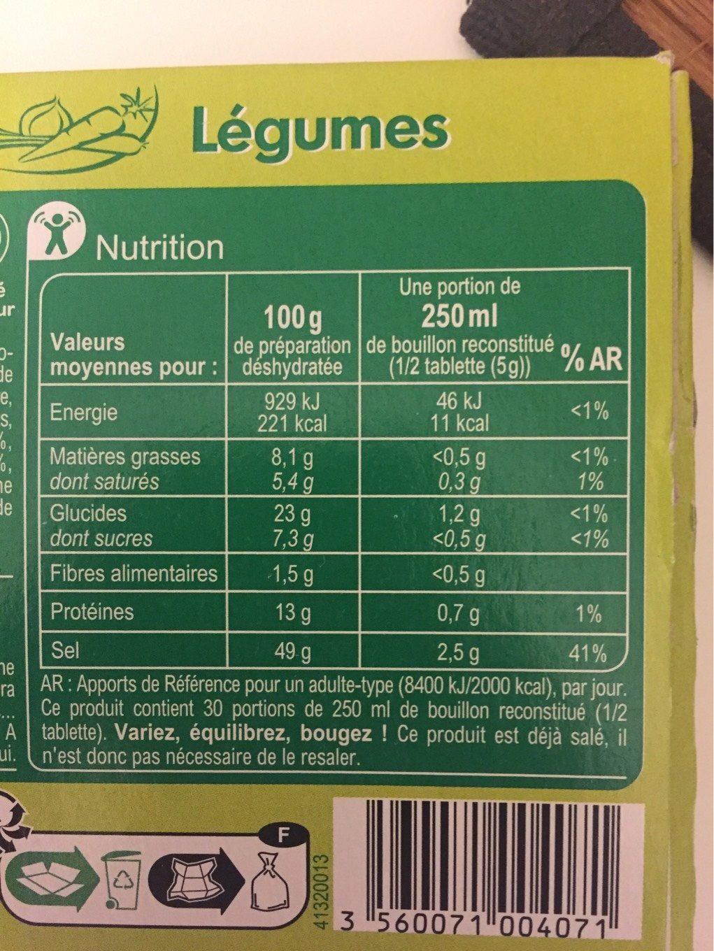 Bouillon Saveur Légumes - Nutrition facts - fr
