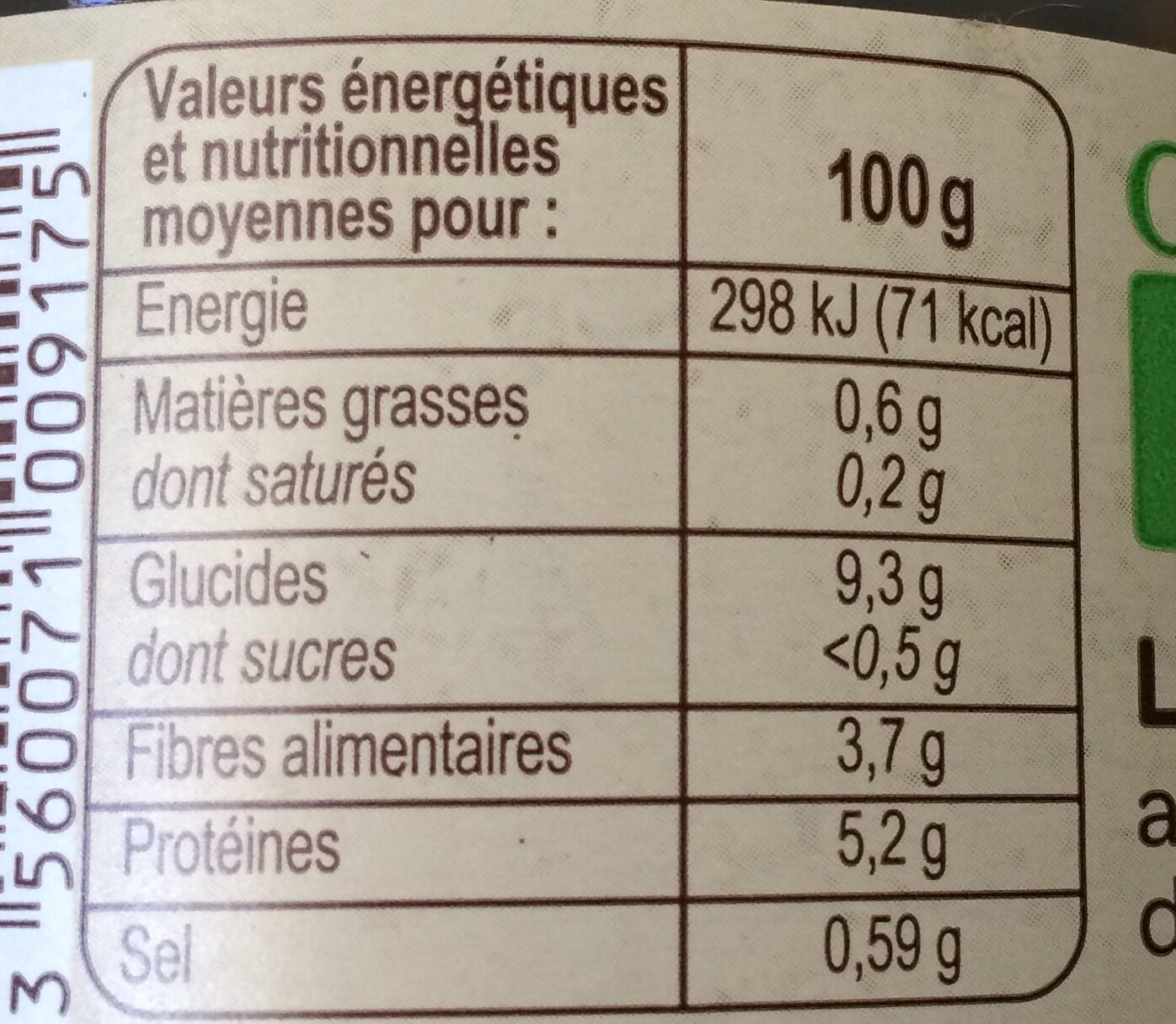 Lentilles vertes au sel de Noirmoutier - Tableau nutritionnel