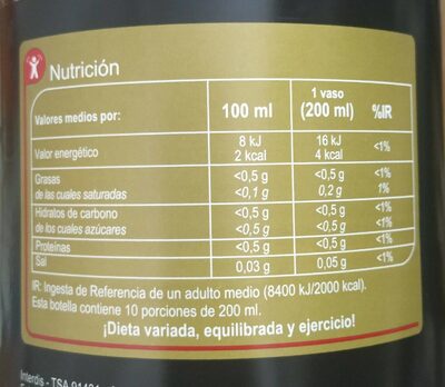 Cola Zero Sin Cafeína - Información nutricional