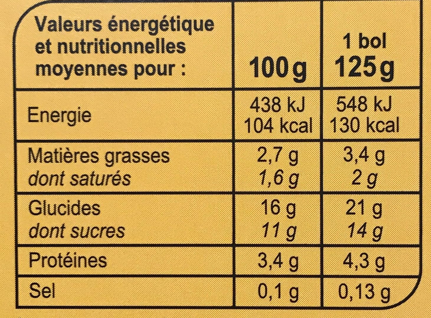 Onctueux de Semoule à la Fleur d'Oranger - Nutrition facts - fr