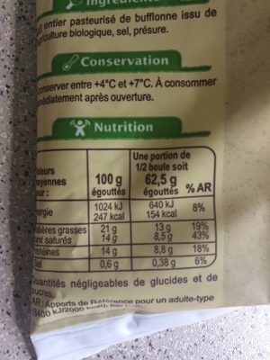 Mozzarella di Bufala Campana - Tableau nutritionnel