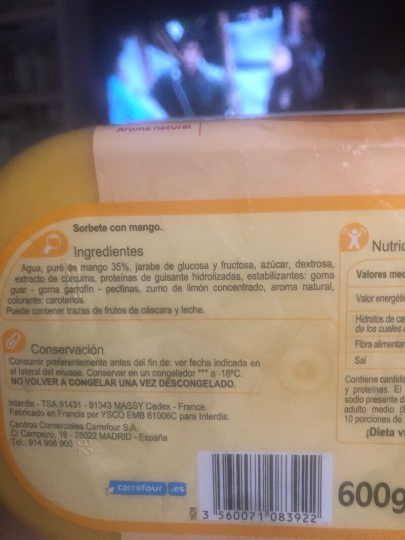 Sorbete Mango - Ingredientes