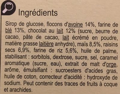 Barres céréalières Chocolat au lait Raisin - Ingrédients