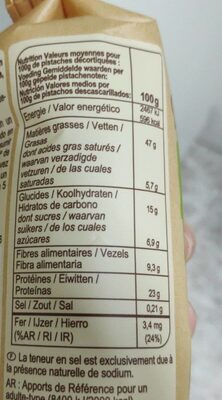 Pistachos tostados sin sal añadida - Tableau nutritionnel