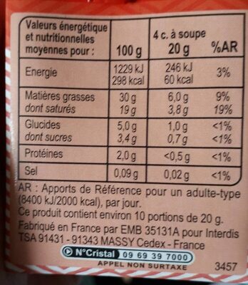 Crème entière Semi-épaisse 30% mg - Voedingswaarden - fr