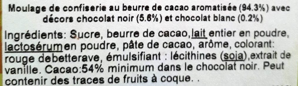 Moulage de confiserie au beurre de cacao aromatisée - Ingrédients