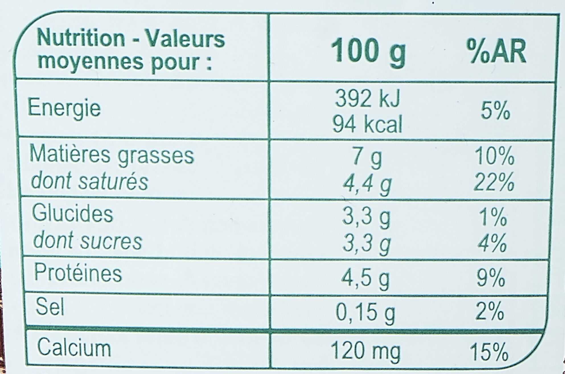 Fromage blanc de campagne 7% MG - Tableau nutritionnel