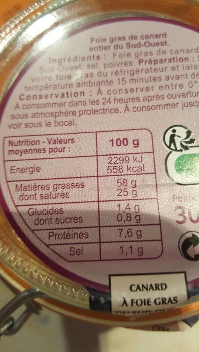 Foie Gras de Canard Entier du SUD-OUEST - Tableau nutritionnel