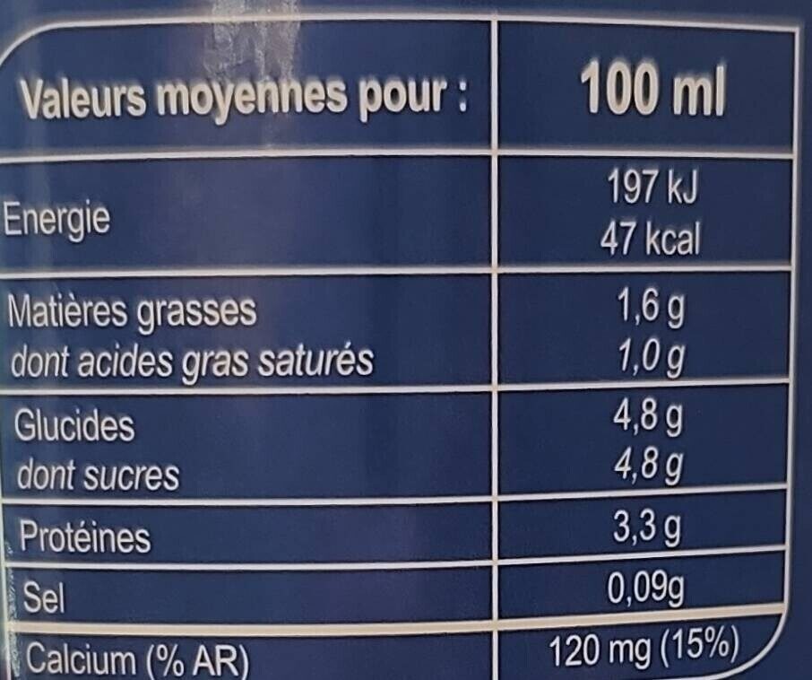 Lait Français - Demi Écrémé - Tableau nutritionnel