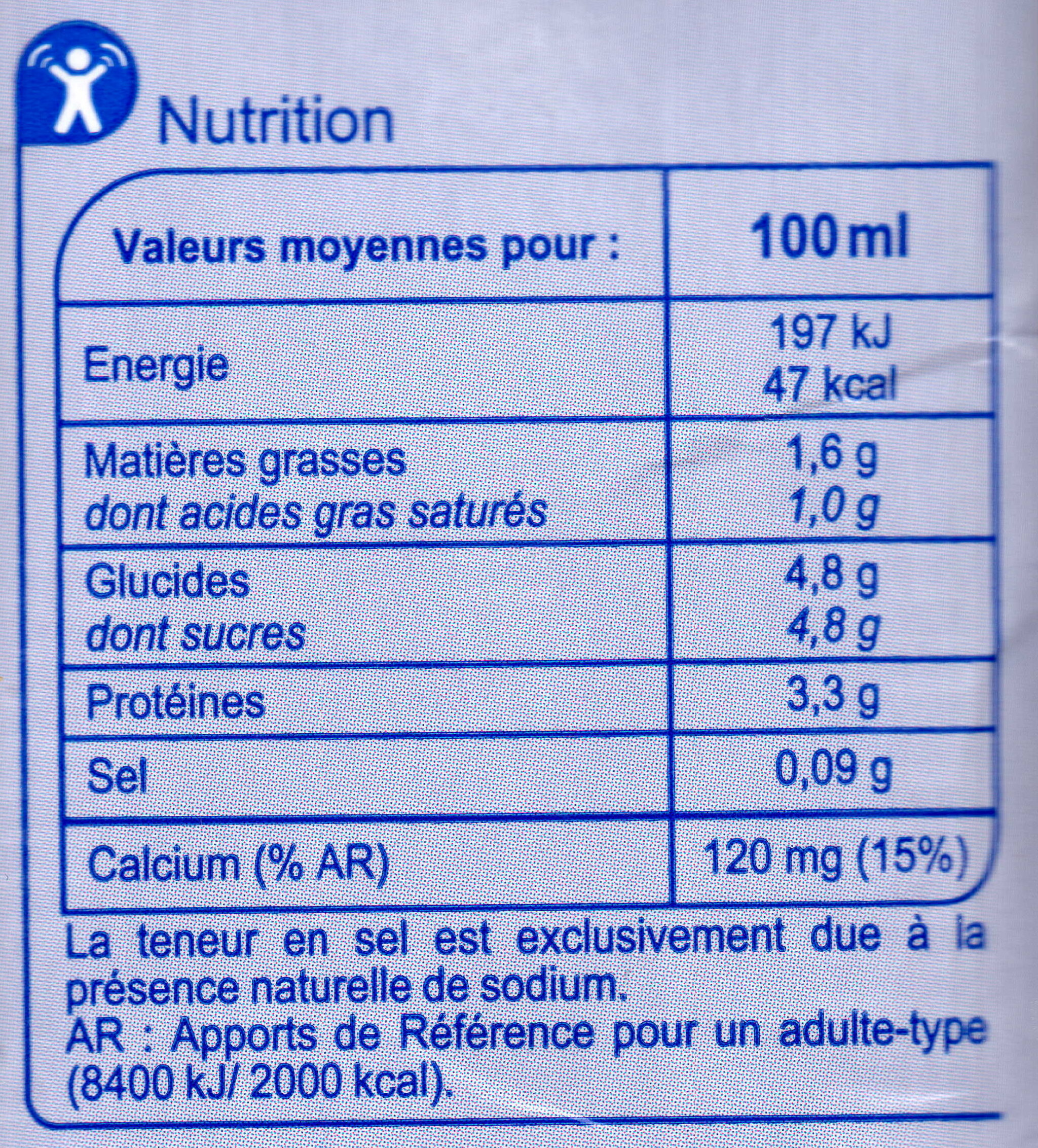 lait demi-écrémé - Tableau nutritionnel