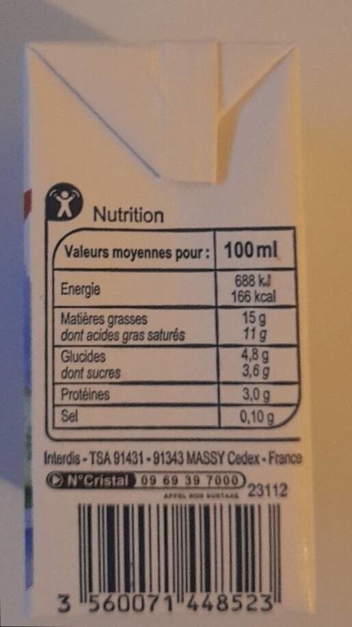 Crème légère fluide 15% MAT.GR. - Tableau nutritionnel