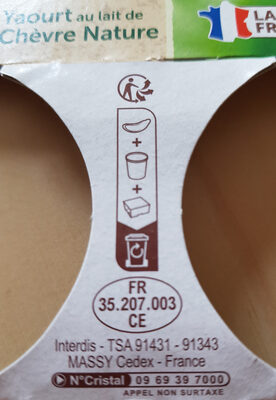 Yaourt au lait de chèvre nature bio - Instruction de recyclage et/ou informations d'emballage