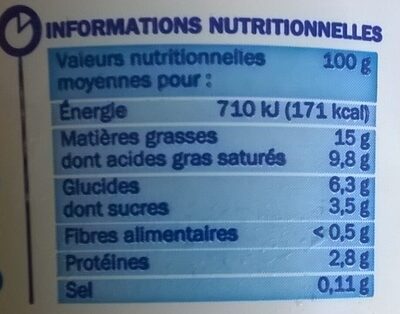 Crème légère 15% MG - Tableau nutritionnel