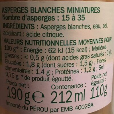 Asperges Blanches Miniatures - Tableau nutritionnel