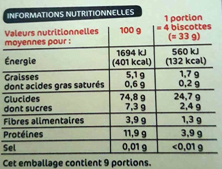 Biscottes sans sel x 34 - Nutrition facts - fr