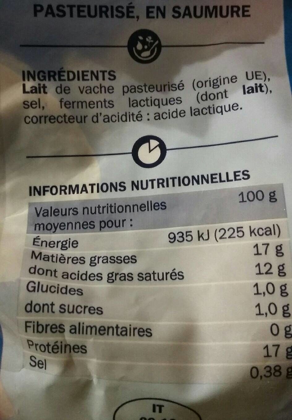 Mozzarella les croisés - Tableau nutritionnel