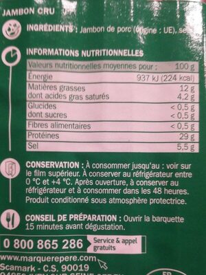 Jambon cru - Tableau nutritionnel