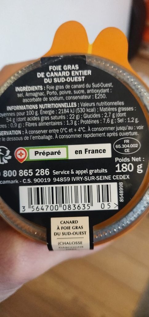 Foie gras canard entier bocal - Pierre de Chaumeyrac - Ingrédients
