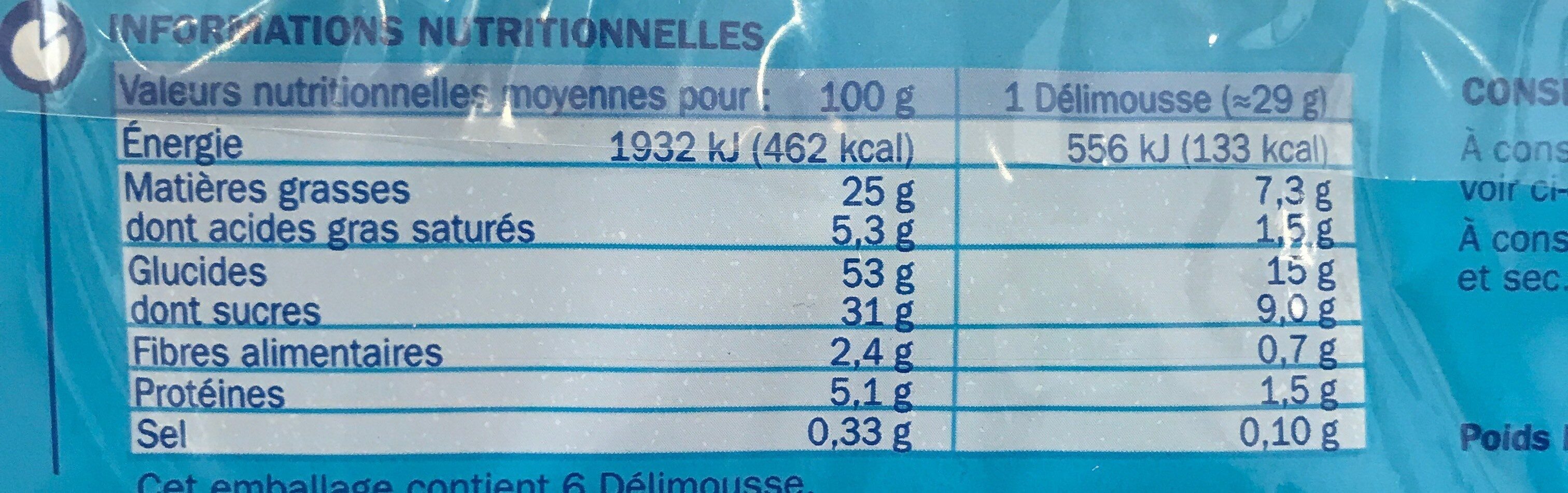 Goûters moelleux- delimousse- x 6 biscuits - Tableau nutritionnel