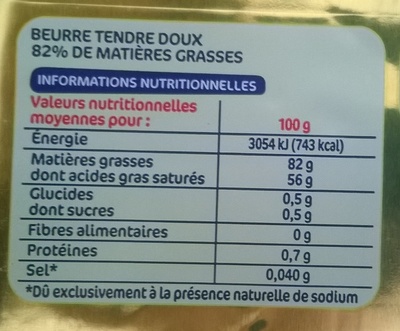 Beurre tendre doux 82% mg - Nutrition facts - fr