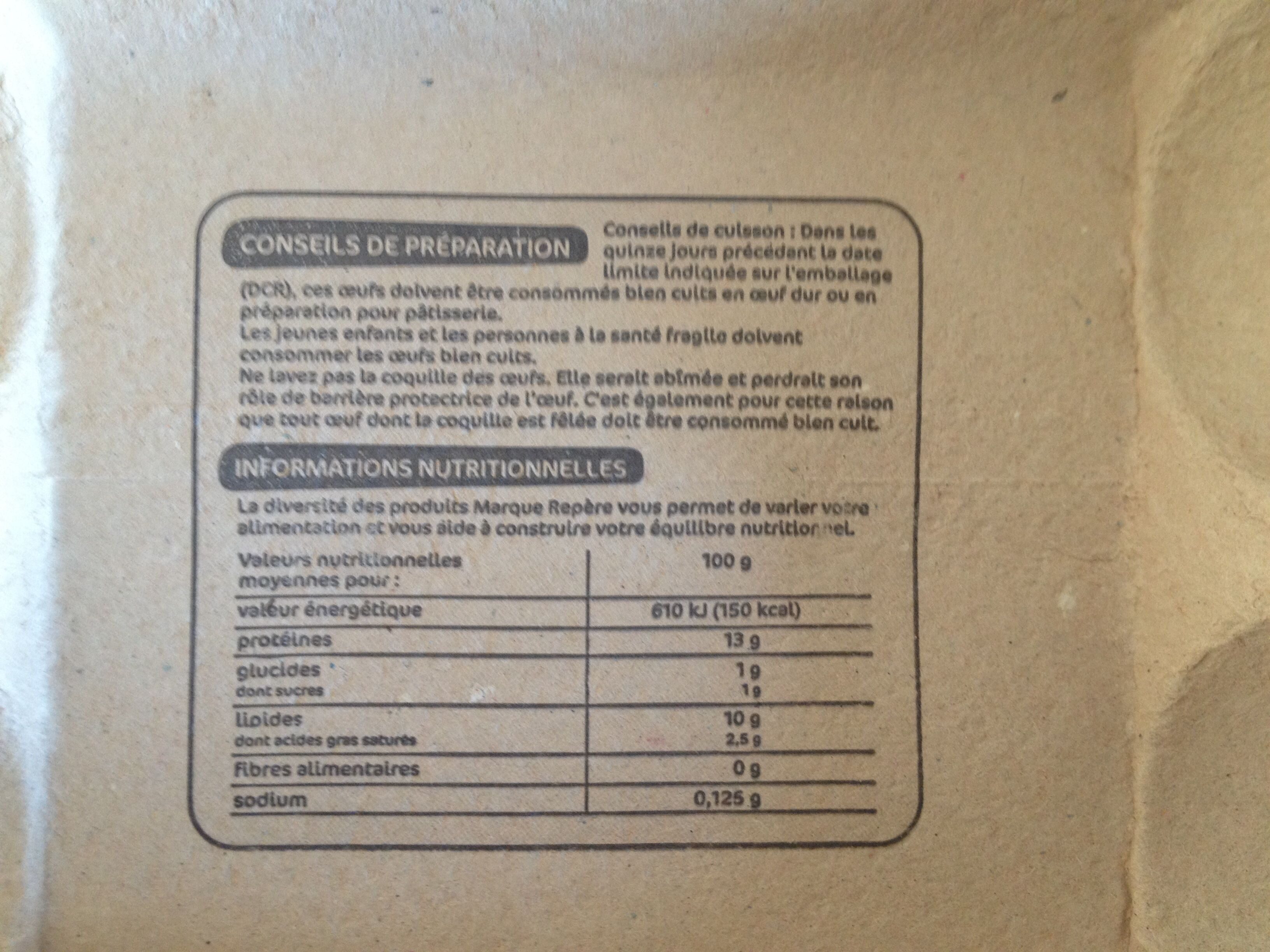 Oeufs Fermiers (x 6) label Rouge calibre Moyen - Tableau nutritionnel