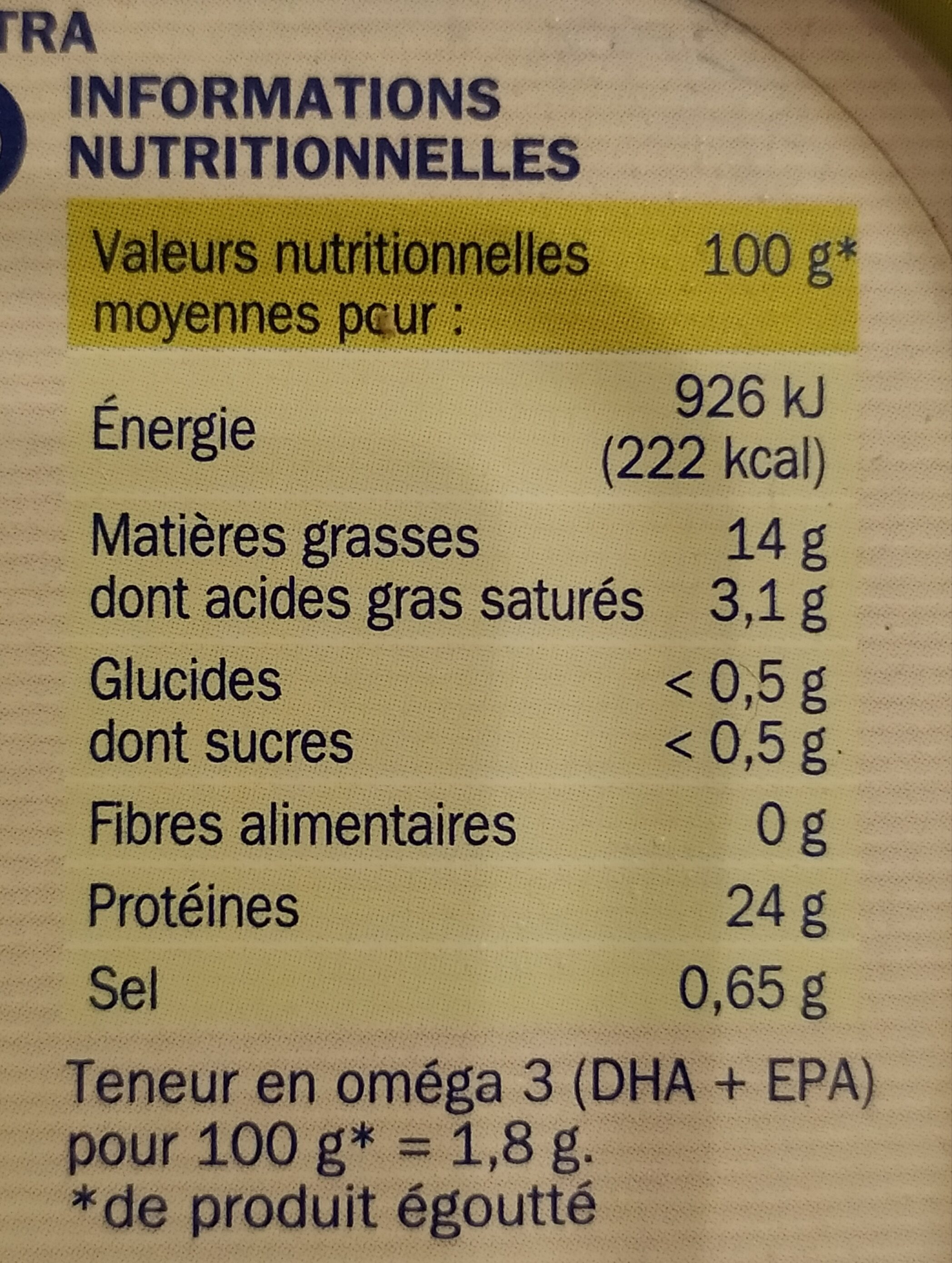 Sardines à l'huile d'olive extra vierge - Tableau nutritionnel