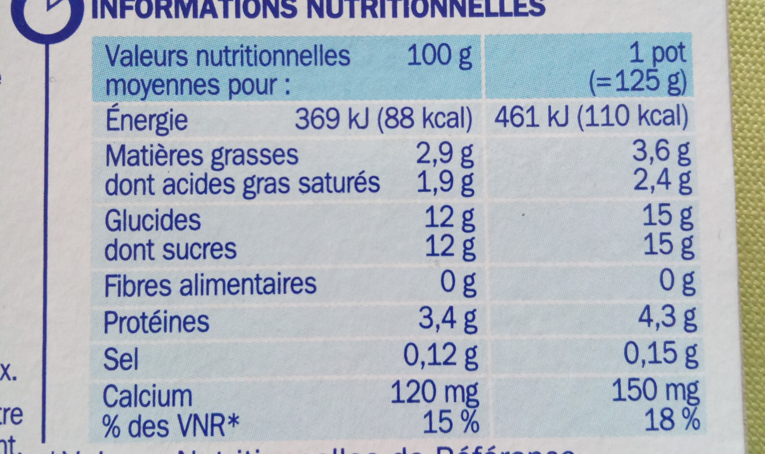 Actifidus Délisse, Vanille12x125g - Tableau nutritionnel