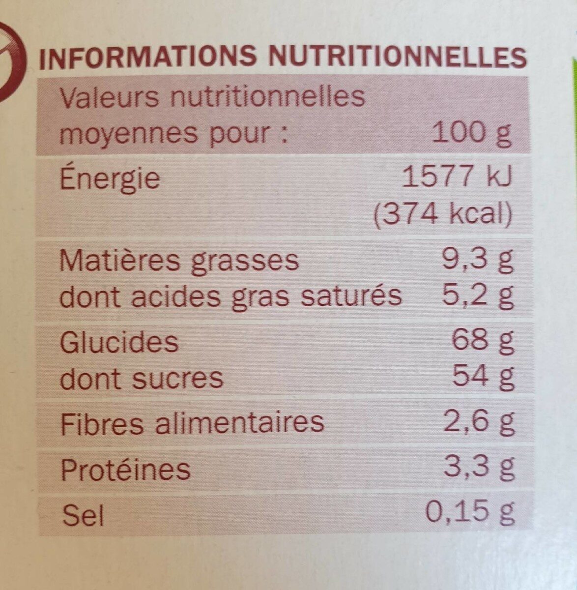 La Génoise - Goût Framboise Cassis - Tableau nutritionnel