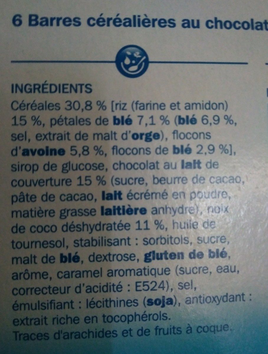 Barres céréales chocolat au lait noix de coco x 6 - المكونات - fr