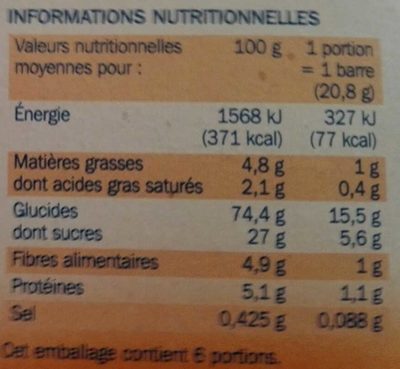 Barres céréales abricot x 6 - Nutrition facts - fr