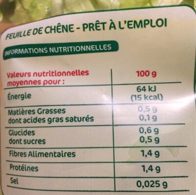 Feuille de chene - Nutrition facts - fr