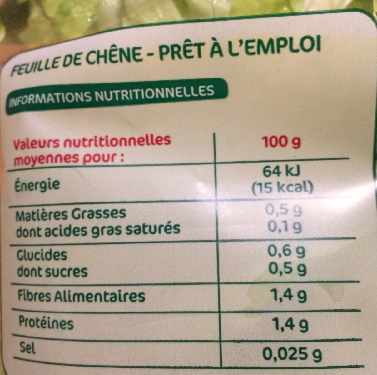 Feuille de chene - Nutrition facts - fr