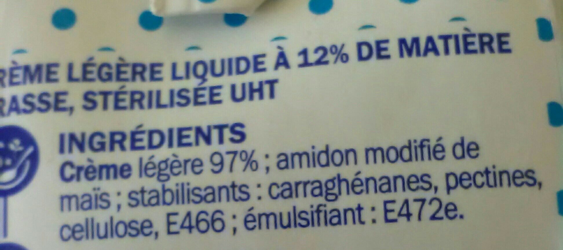 Crème légère fluide UHT 12 % Mat. Gr. - Ingrédients