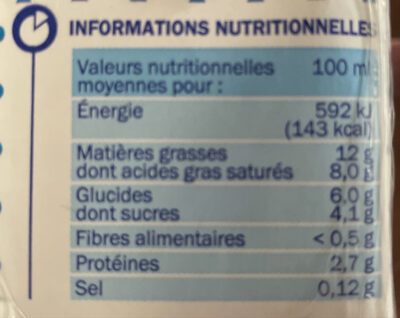 Crème légère fluide UHT 12 % Mat. Gr. - Tableau nutritionnel