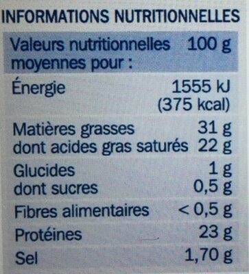 Tomme de chèvre 31% Mat. Gr. - Tableau nutritionnel