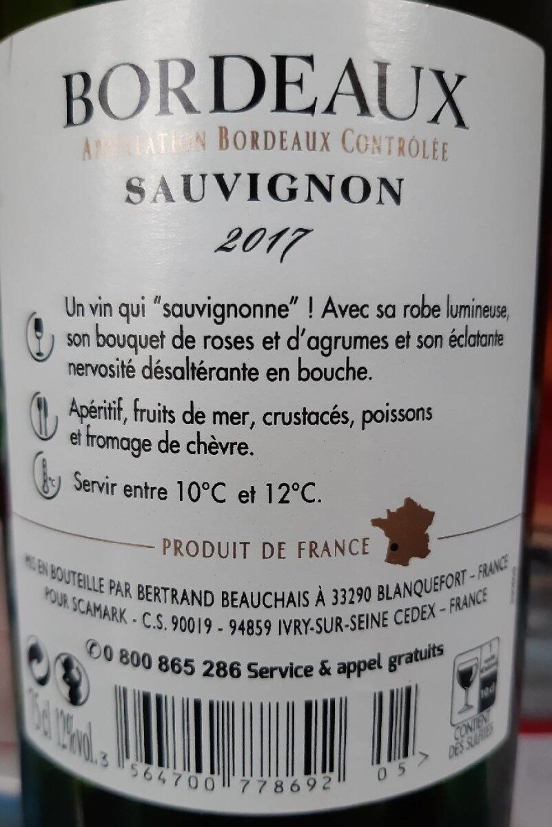 Bordeaux Sauvignon A.O.C. 2017 - Tableau nutritionnel