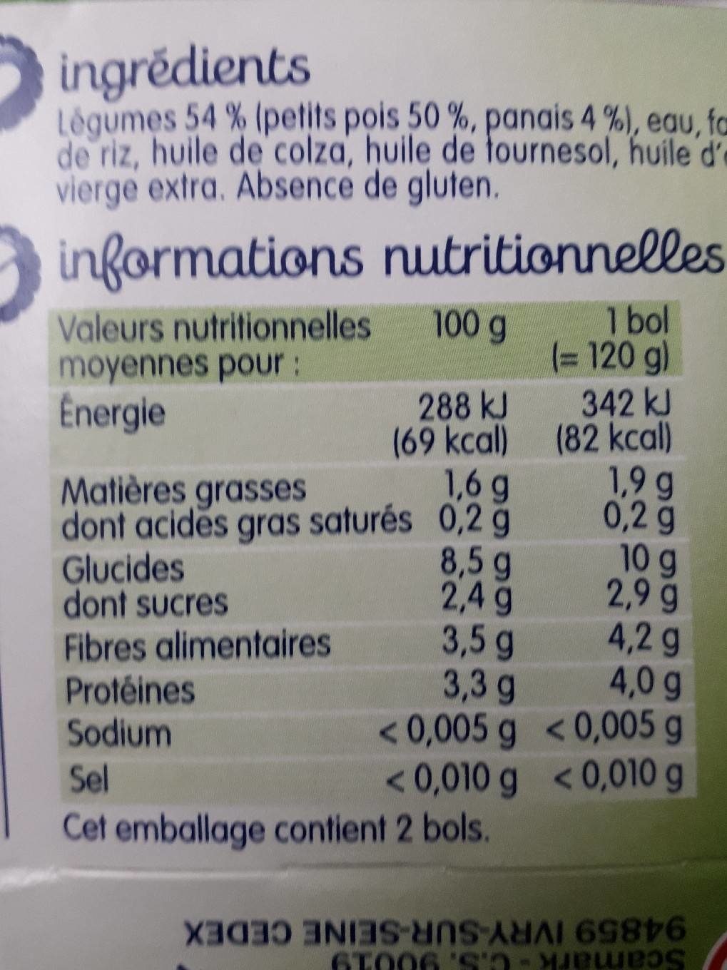 Purée petits pois sans morceaux - Nutrition facts - fr