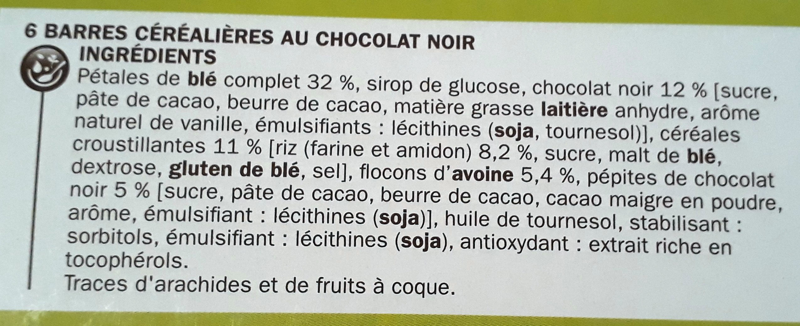 Barres céréales au blé complet chocolat noir x 6 - Ingredients - fr