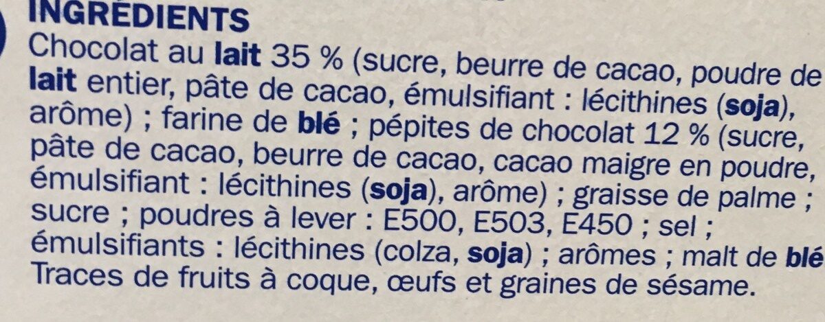 Barre cookie chocolat au lait x 6 - Ingredients - fr