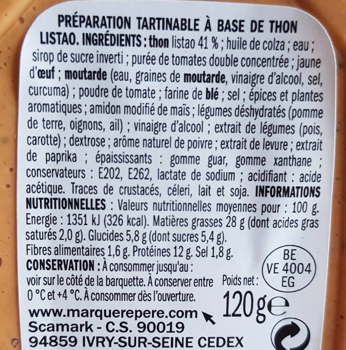 Tartinable thon piquant - Nutrition facts - fr