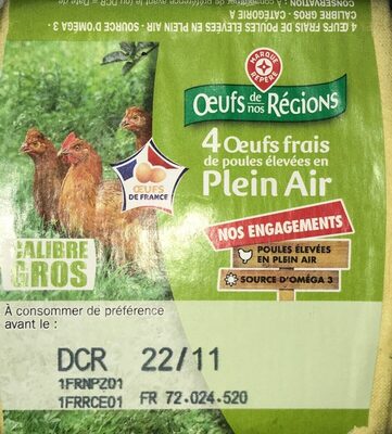 Oeufs frais de poules élevées en plein air source d'oméga 3 x 4 - Produkt - fr