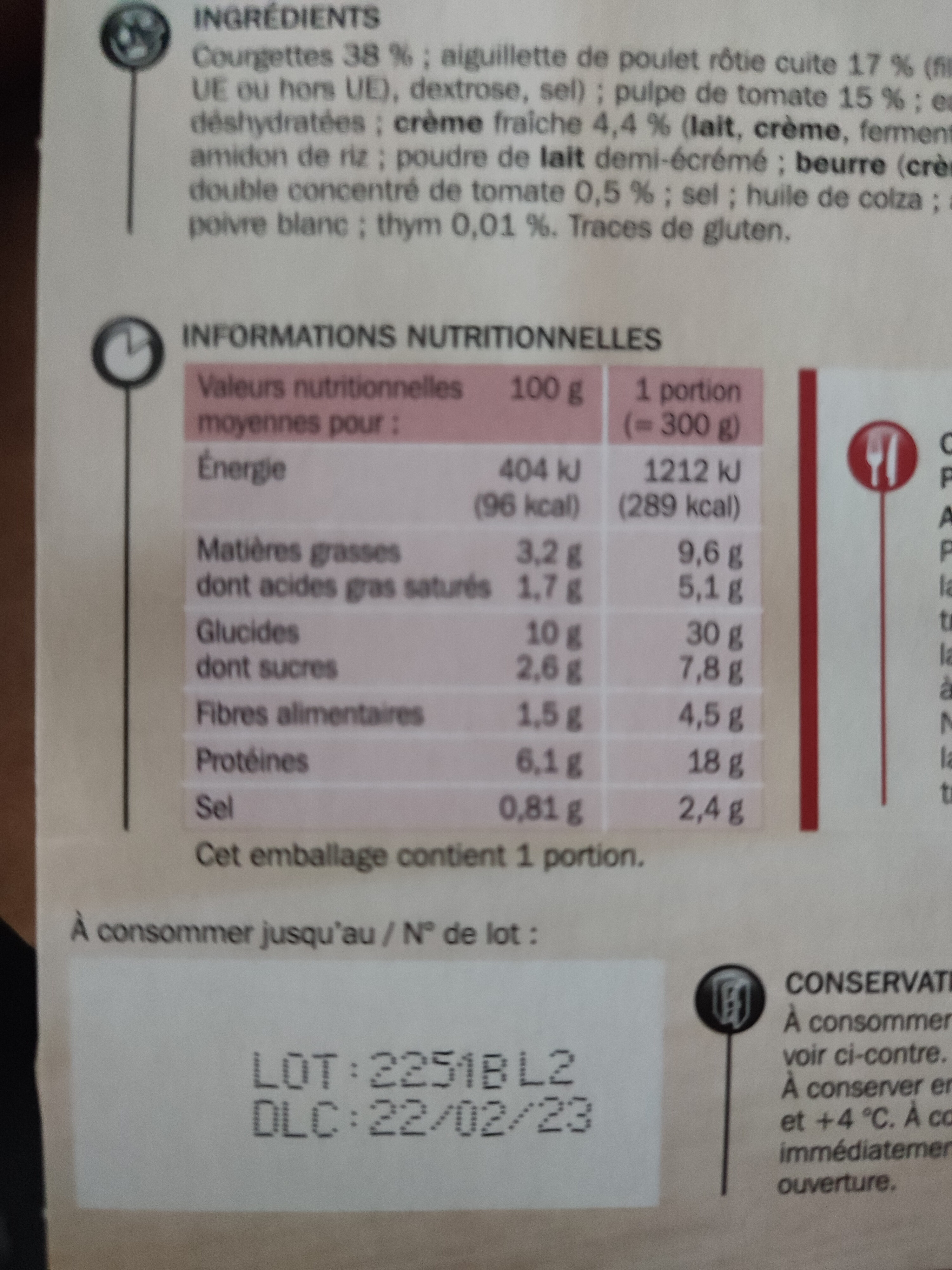 Poulet tomates purée courgettes - Voedingswaarden - fr