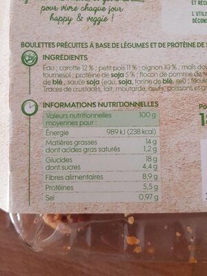 Boulettes carottes, petits pois et maïs - حقائق غذائية - fr