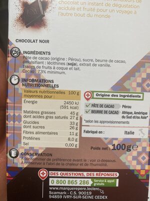 Chocolat Pérou - Ingredientes - fr