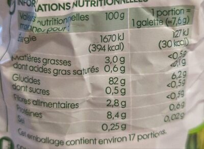 Galettes riz complet - Nutrition facts - fr
