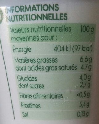 Yaourt au lait entier de brebis Nature  2 x 125 g - Tableau nutritionnel